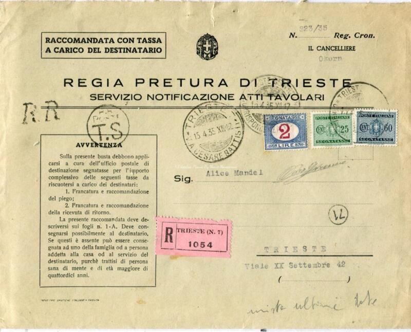Storia postale. Atto Giudiziario da Trieste N. 7 R 1054 a Trieste