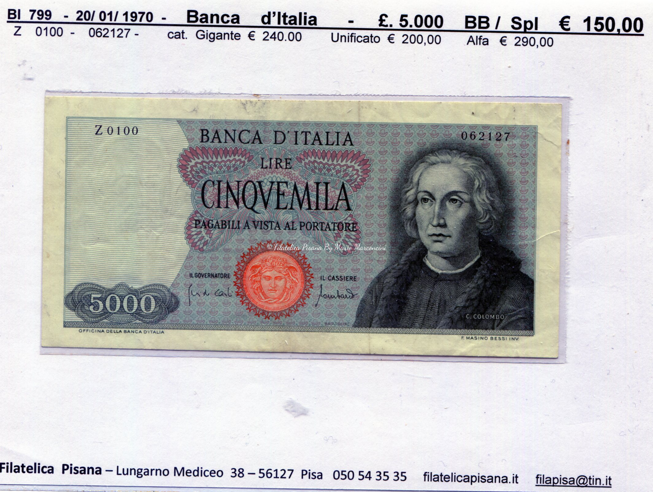 42 Banca D Italia 20 01 19700 5 000 Bi 799 Filiatelica Pisana