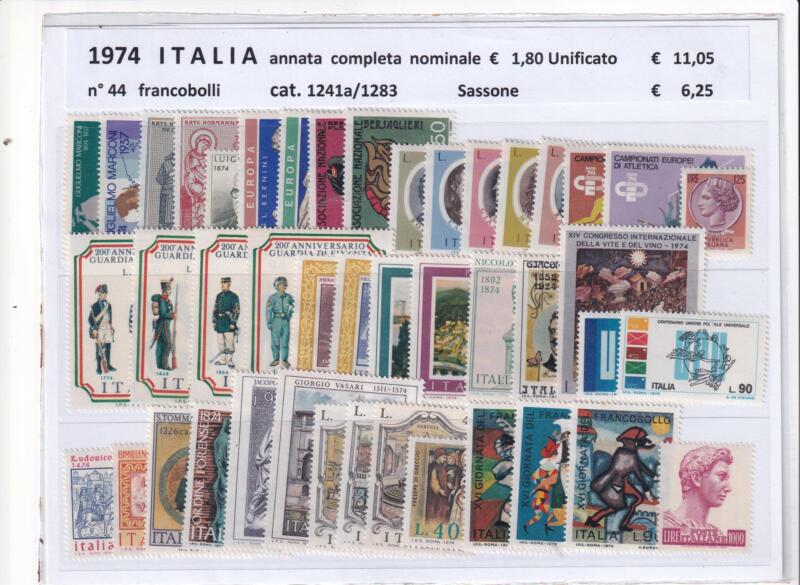 Francobolli nuovi Italia: annata completa 1974