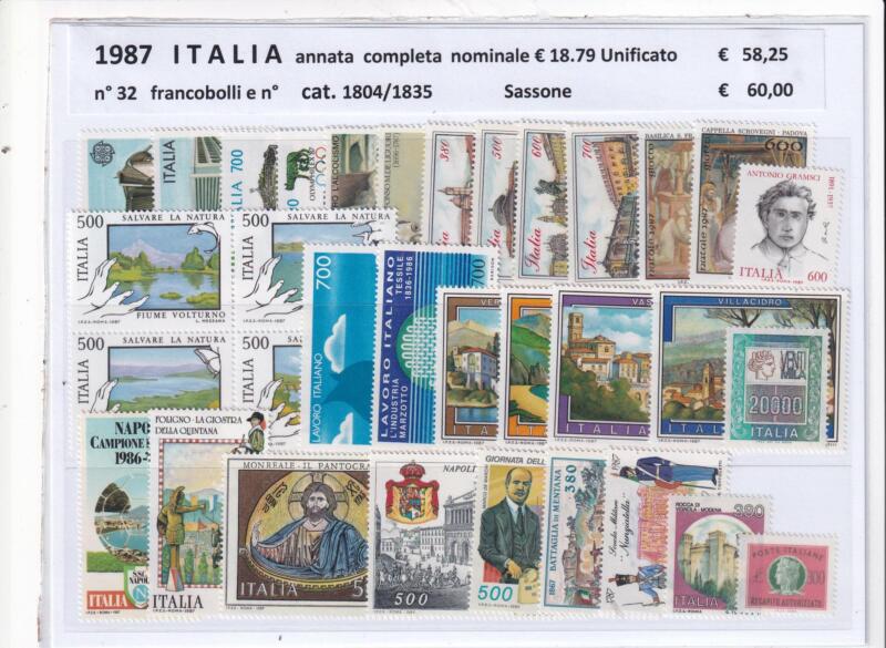 Francobolli nuovi Italia: annata completa 1987