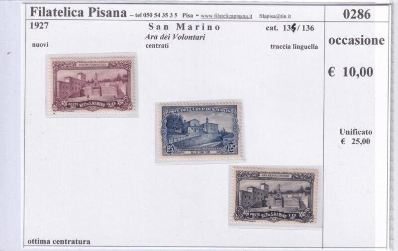 Francobolli San Marino Anno 1927 Serie completa Ara dei Volontari (cat. n. 134-136)