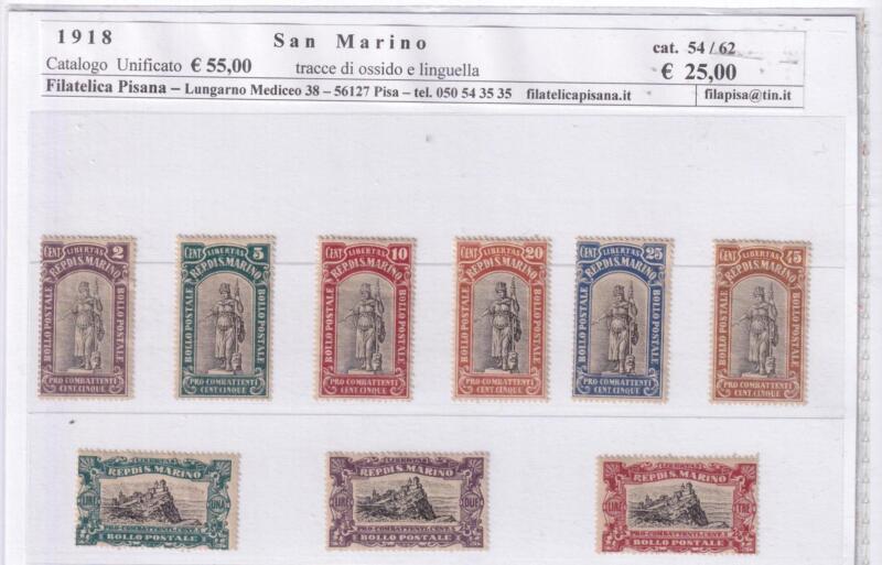 Francobolli San Marino Anno 1918 Serie completa Pro Combattenti (cat. n. 54-62)