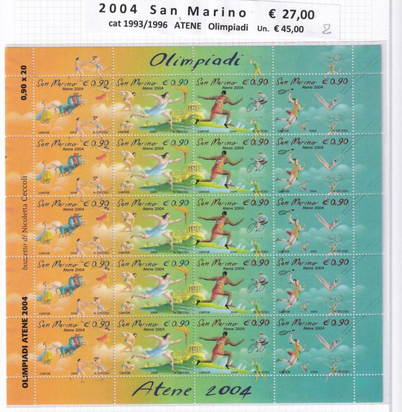 Minifogli San Marino Anno 2004 cat. n. 1993-1996 Olimpiadi Atene 2004