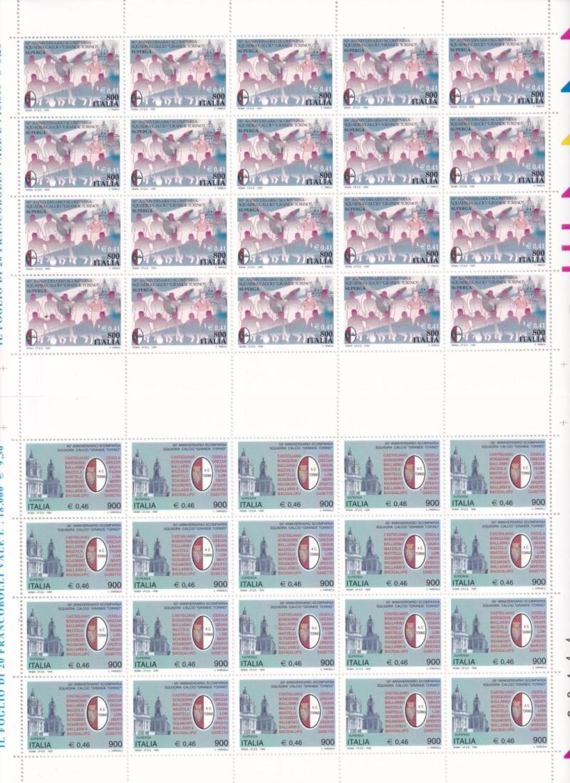 Minifogli Italia Anno 1999 cat. n. 2449-2450 Cinquantesimo Anniversario scomparsa squadra calcio Grande Torino