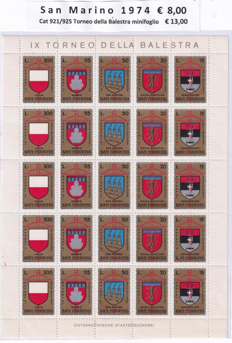 Minifoglio San Marino Anno 1974 cat. n. 921-925 Torneo della Balestra