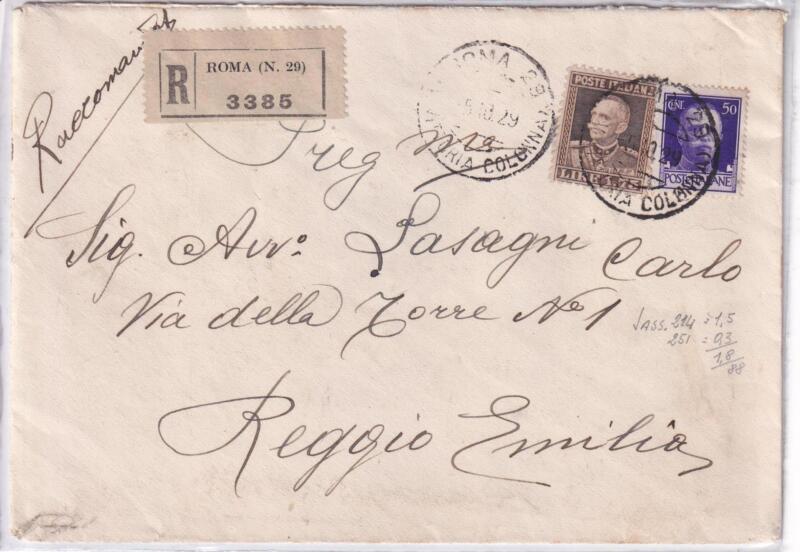 Storia postale. Raccomandata Roma 3385 del 05/10/1929 a Reggio Emilia 06/10/1929