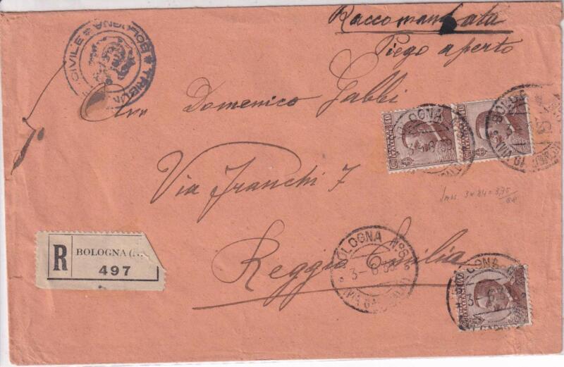 Storia Postale. Raccomandata Bologna 497 del 03/06/1930 a Reggio Emilia 21/07/1929
