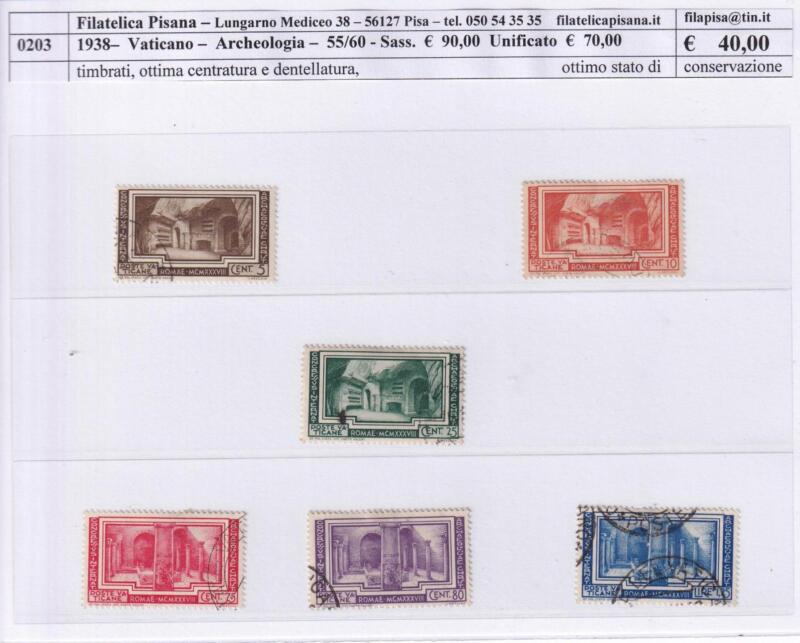 Francobolli Vaticano Anno 1938 Serie completa Archeologia Crisitana (cat. n. 55-60)