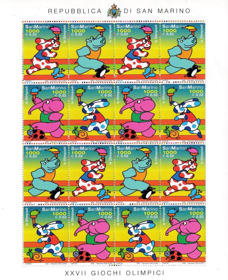 Minifogli San Marino Anno 2000 Olimpiadi 2000. Personaggi di fumetti di F. T. Altan con fiaccola olimpica (cat. n. 1737-1740)