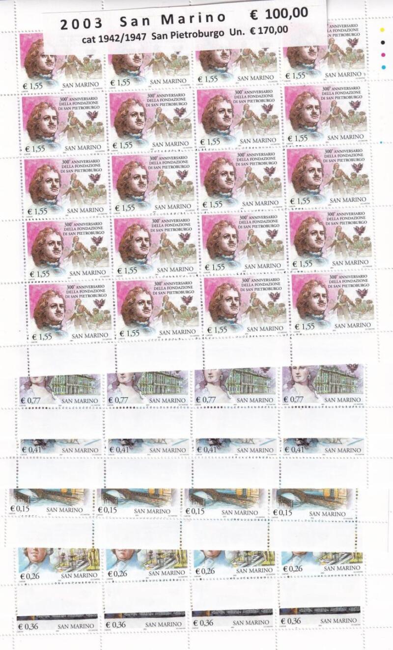 Minifogli San Marino Anno 2003 Terzo centenario della città di San Pietroburgo (cat. n. 1942-1947)