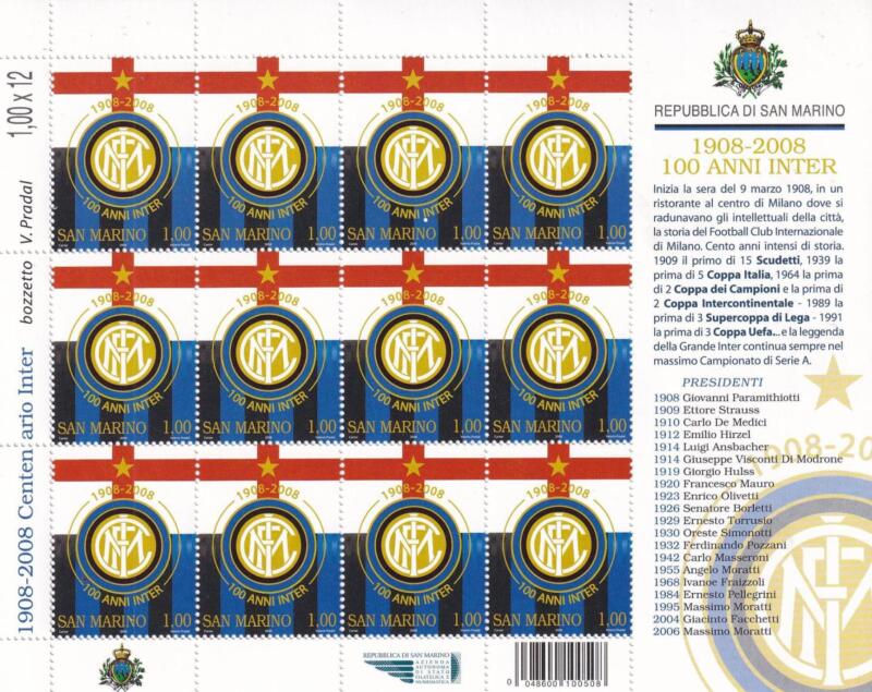 Minifoglio San Marino Anno 2008 cat. n. 2173 Centenario Inter