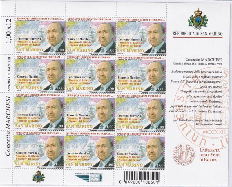 Minifoglio San Marino Anno 2008 Maestri di libertà. Prima serie. 130esimo anniversario della nascita di Concetto Marchesi (cat. n. 2183)