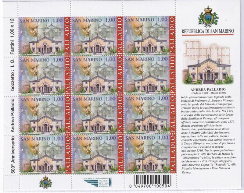 Minifoglio San Marino Anno 2008 Quinto centenario della nascita di Andrea Palladio (cat. n. 2197)