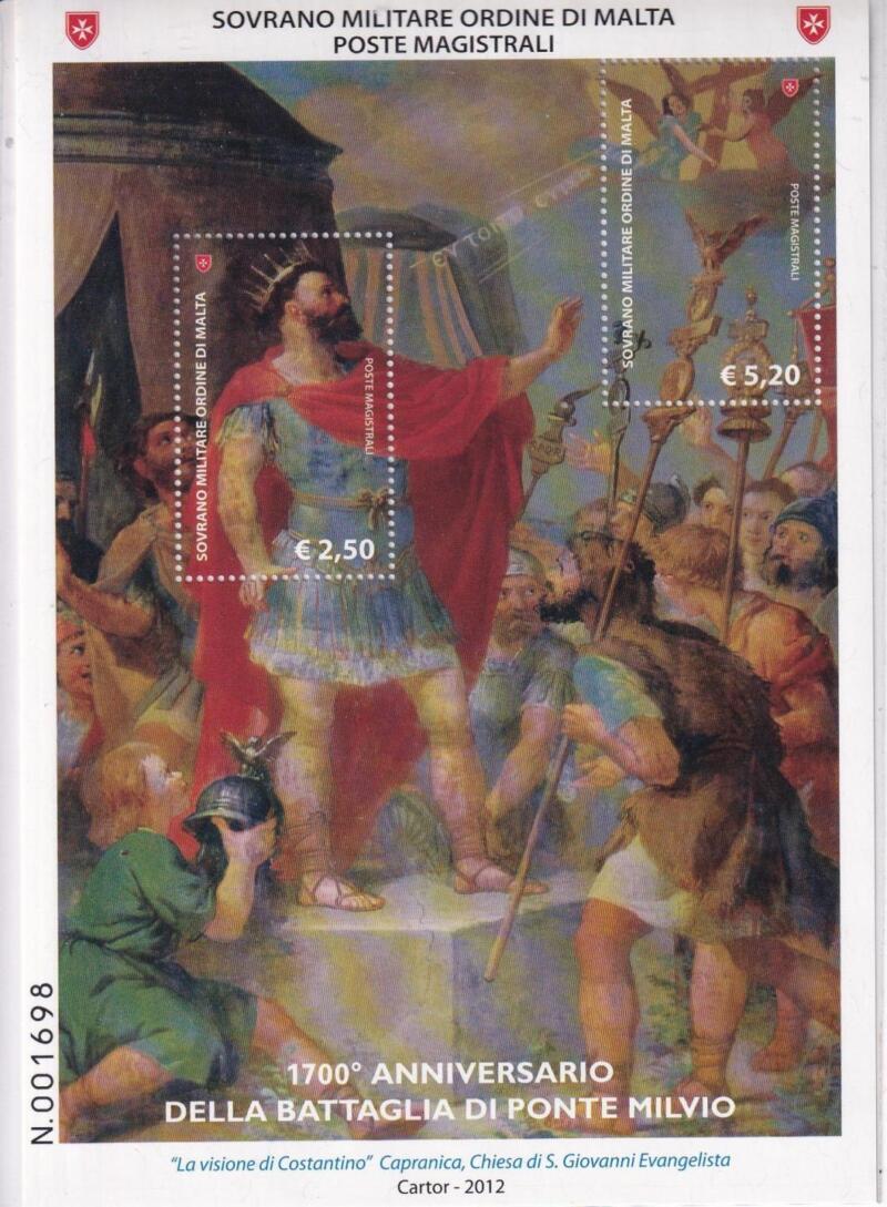 Foglietto S.M.O.M. Anno 2012 1700esimo anniversario della battaglia di Ponte Milvio. 'La visione di Costantino' di Ignoto (BF n. 107)