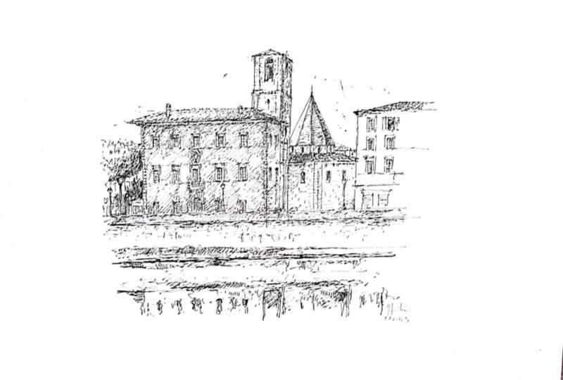 Stampa Lungarno Pisano (chiesa di San Sepolcro). Autografata e numerata a matita dall'Autore