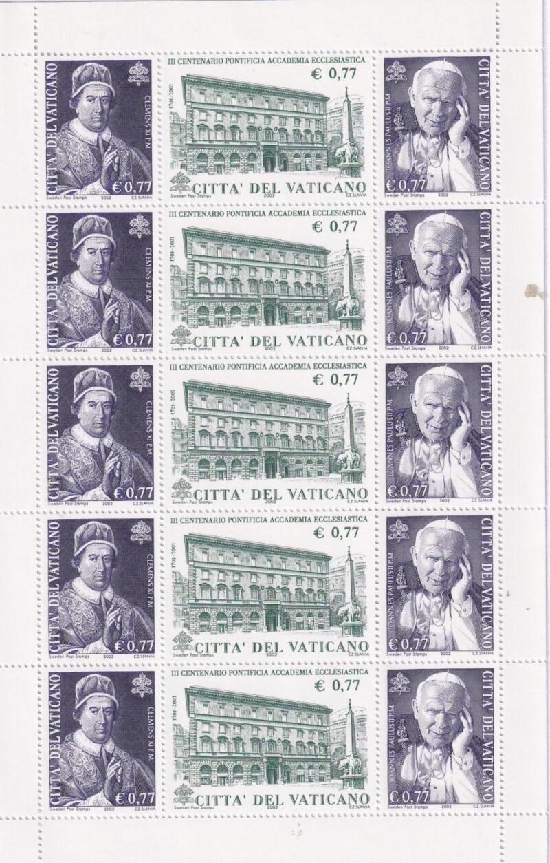 Minifoglio Vaticano, Anno 2002, Trittico Terzo centenario della Pontificia Accademia Ecclesiastica (MF n. 1270-1272)
