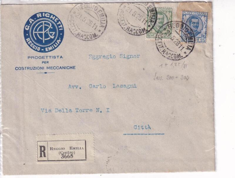 Storia postale. Raccomandata da Reggio Emilia R 3665 del 21/05/1928 a Città (Reggio Emilia) 01/05/1928