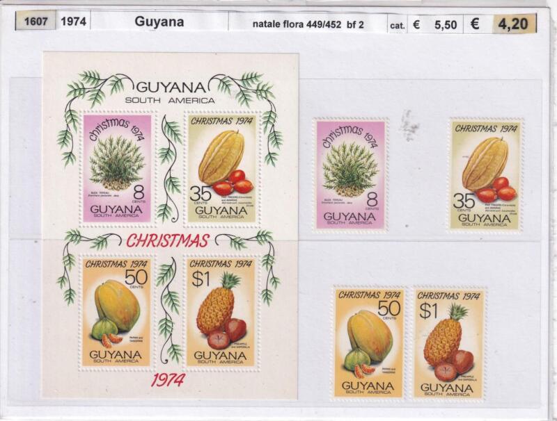 Francobolli e Foglietto Guyana, Anno 1974, Natale (cat. n. 449-452, BF n. 2)