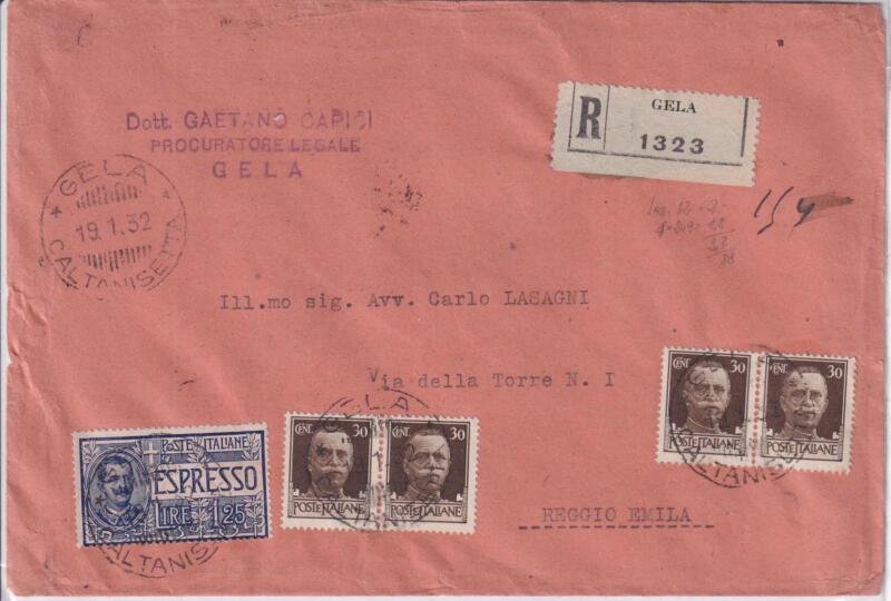 Storia postale. Raccomandata Espresso da Gela R 1323 del 19/01/1932 a Reggio Emilia 21/0/1932