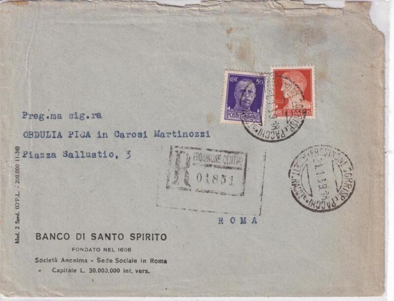 Storia postale. Raccomandata da Frosinone R 1851 del 21/01/1939 a Roma 22/01/1939