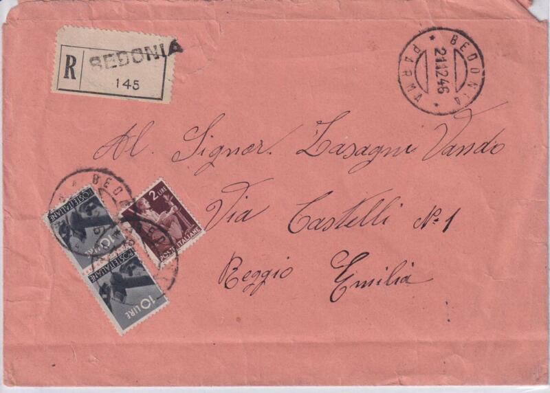 Storia postale. Raccomandata da Bedonia R 145 21/12/1946 a Reggio Emilia 22/12/1946