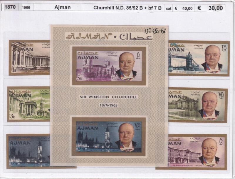 Francobolli e Foglietto Ajman, Anno 1966, Churchill (Pa n. 85-92, BF n. 7A)
