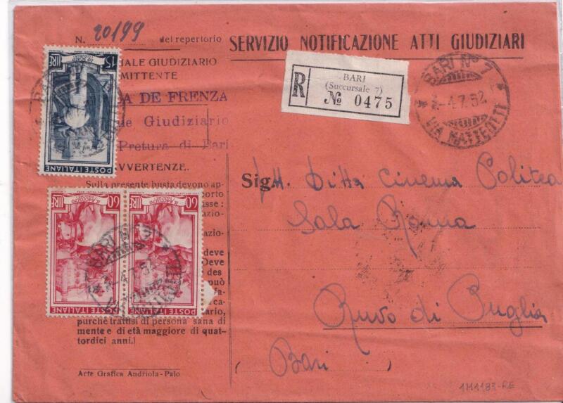 Storia postale. Atti Giudiziari. Raccomandata da Bari R 0475 04/07/1952 a Ruvo di Puglia 04/07/21952