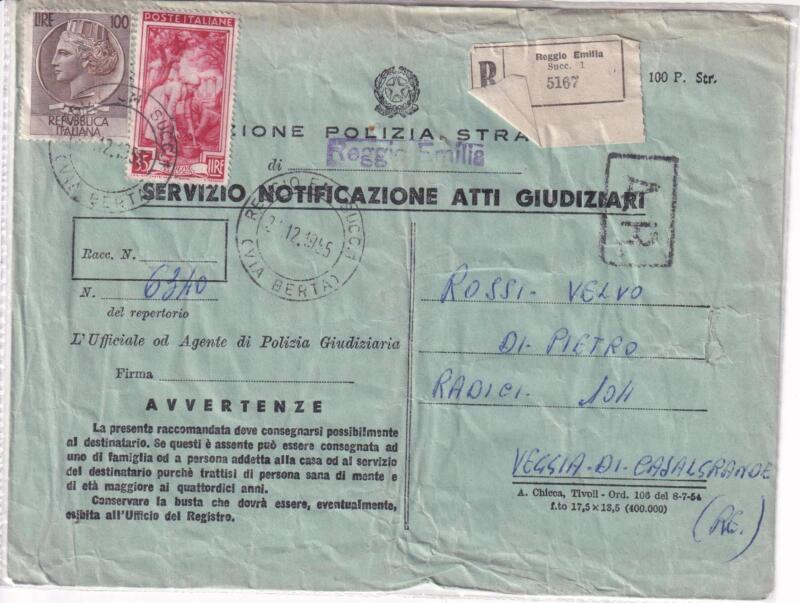 Storia postale. Atto Giudiziario. Raccomandata da Reggio Emilia R 5167 21/12/1955 Veggia di Casalgrande