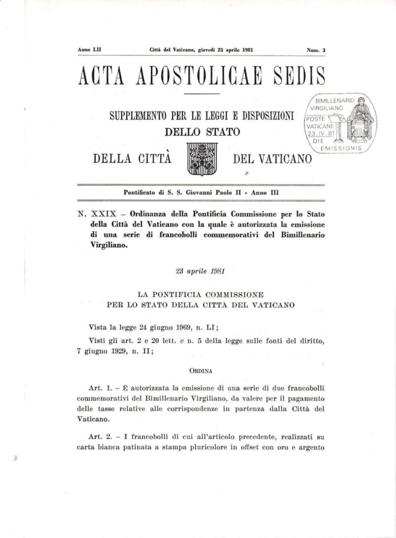 Acta Apostolicae Sedis Emissione Serie Francobolli celebrativi del Bimillenario virgiliano