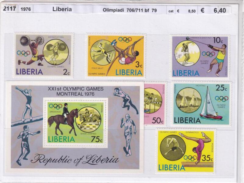 Francobolli e Foglietto Liberia, Anno 1976, Olimpiadi Montreal 1976  (cat. n. 706-711BF n. 79)