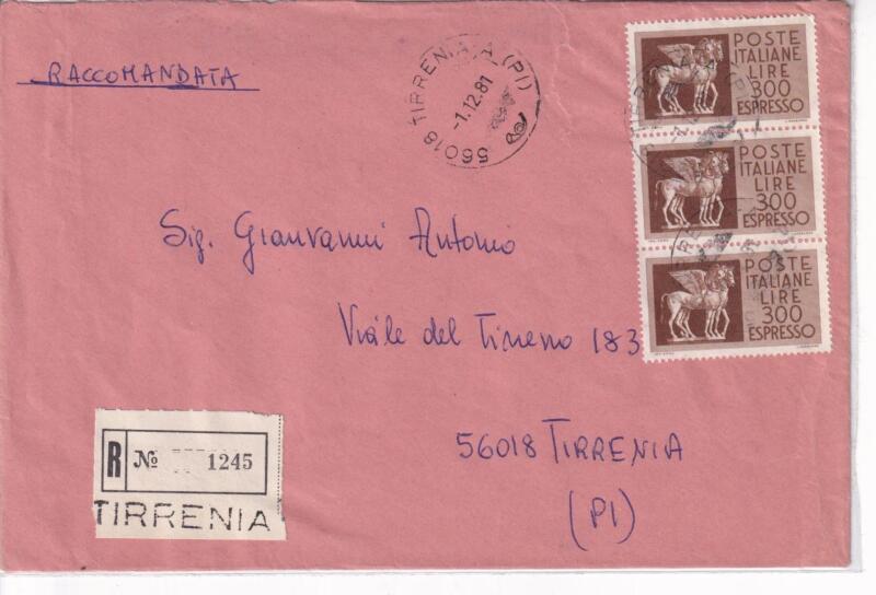 Storia postale. Raccomandata Espresso da Tirrenia R 1245del 01/12/1981 a Tirrenia (Pisa) 8/06/1959