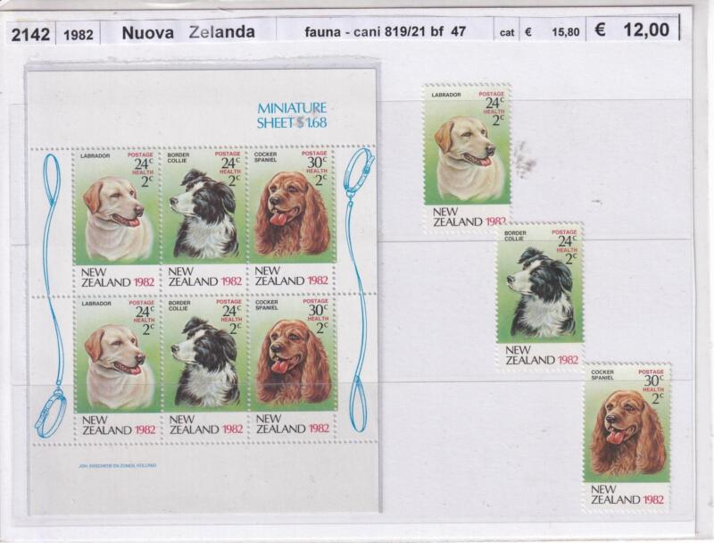 Francobolli e Foglietto Nuova Zelanda, Anno 1982, Razze di cani (cat. n. 819-821, BF n. 47)