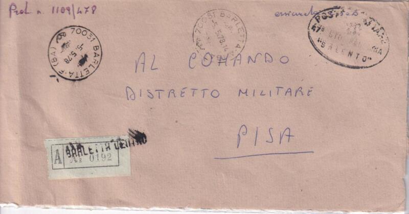 Storia postale. Franchigia militare. Raccomandata Espresso da Barletta R 0192 05/05/1978 a Pisa