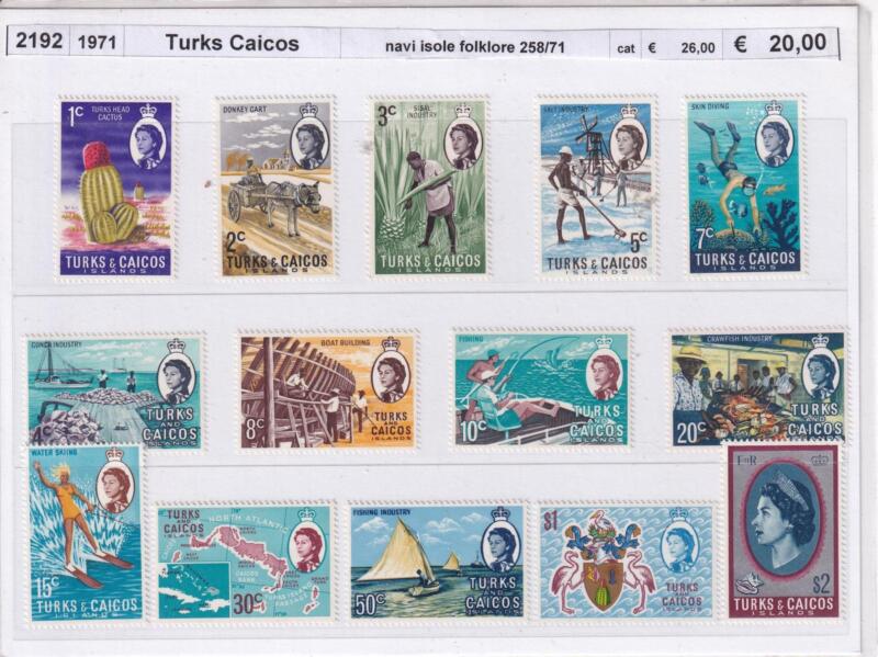 Francobolli Turks e Caicos, Anno 1971, Varie emissioni Tematiche Navi, Isole, Folklore (cat. n. 258-271)