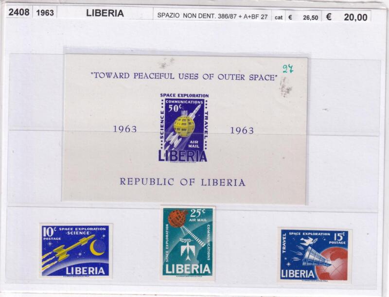Francobolli e Foglietto Liberia, Anno 1963, Serie Spazio non dentellati (cat. n. 386-387, Pa, BF n. 27)