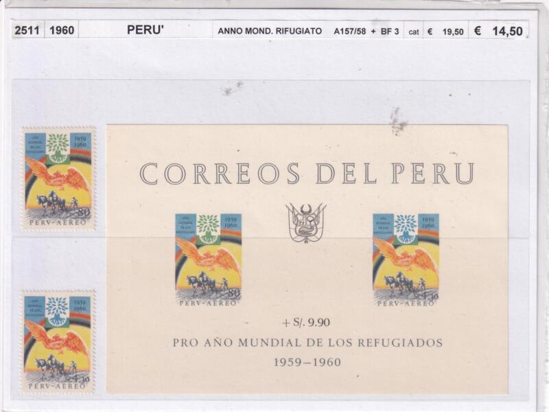 Francobolli e Foglietto Perù, Anno 1960, Anno mondiale Rifugiato (Pa n. 157-158, BF n. 3)