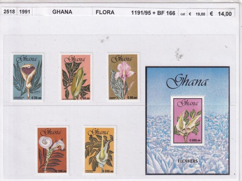 Francobolli e Foglietto Ghana, Anno 1991, Fiori (cat. n. 1191-1195, BF n. 166)