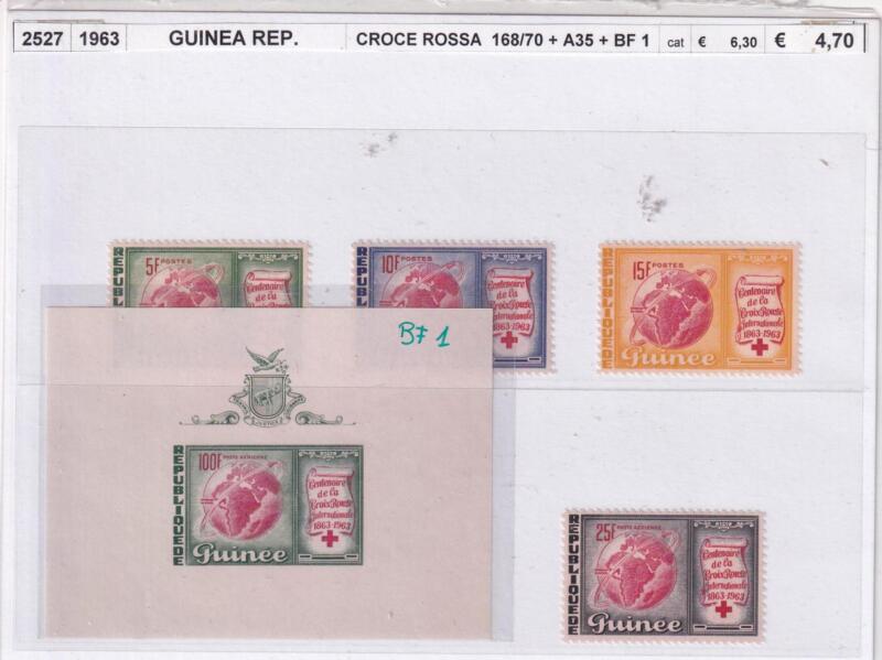 Francobolli e Foglietto Guinea, Anno 1963, Centenario della Croce Rossa Internazionale (cat. n. 168-170, Pa n. 35, BF n. 1)