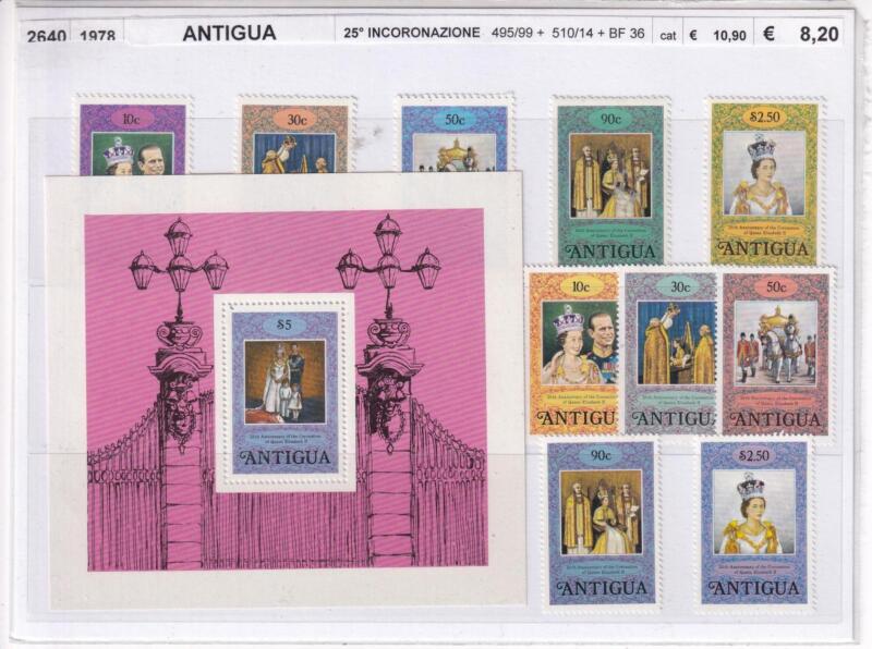 Francobolli e Foglietto Antigua, Anno 1978, 25esimo anniversario Incoronazione Regina Elisabetta (cat. n. 495-499, n. 510-514, BF n. 36)