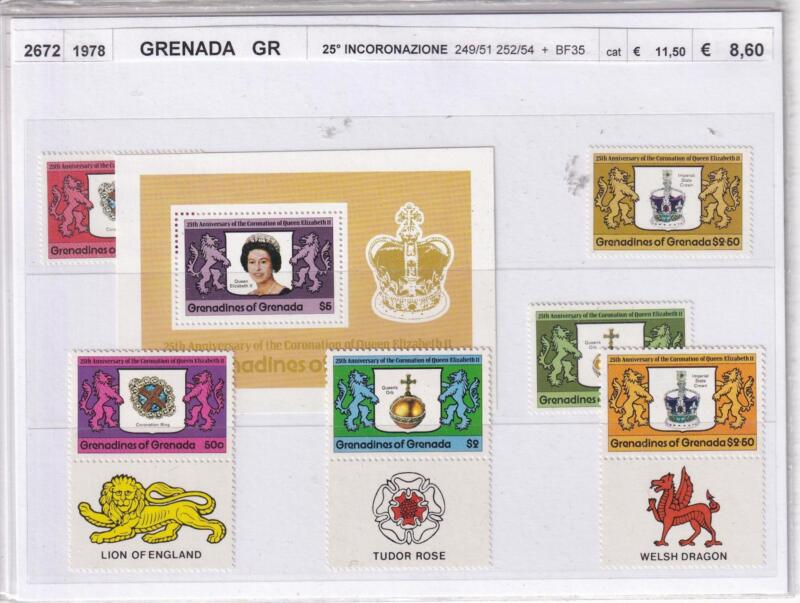 Francobolli e Foglietto Grenada e Grenadines, Anno 1978, 25esimo anniversario Incoronazione Regina Elisabetta (cat. n. 249-251, n. 252-254, BF n. 35)