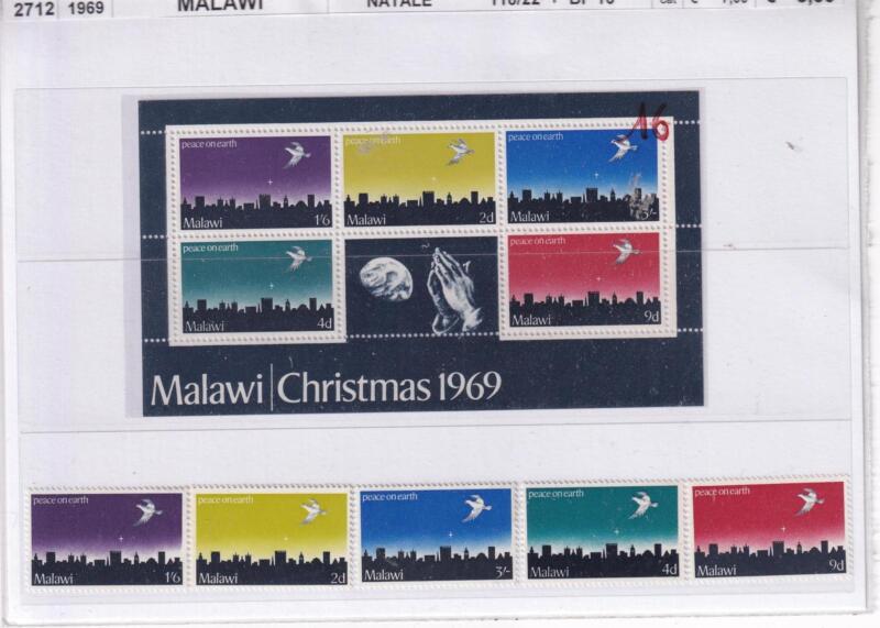 Francobolli e Foglietto Malawi, Anno 1969, Natale (cat. n. 118-122, BF n. 16)