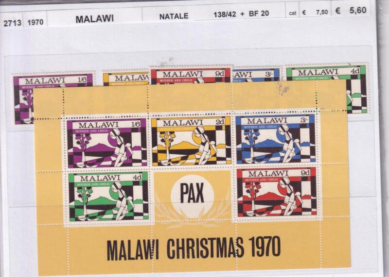 Francobolli e Foglietto Malawi, Anno 1970, Natale (cat. n. 138-142, BF n. 20)