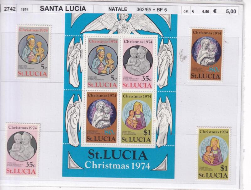 Francobolli e Foglietto Santa Lucia, Anno 1974, Natale (cat. n. 362-365, BF n. 5)