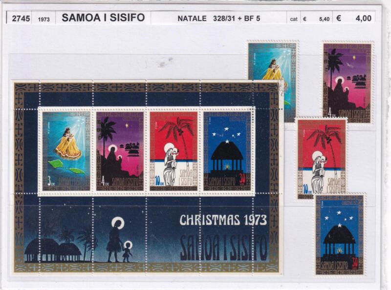 Francobolli e Foglietto Samoa i Sisifo, Anno 1973, Natale (cat. n. 328-331, BF n. 5)