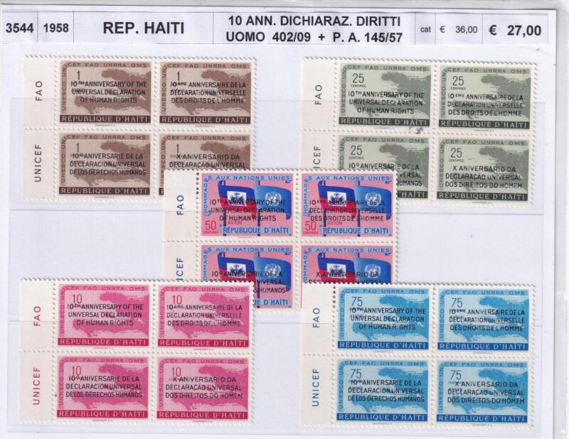 Francobolli Haiti, Anno 1958, Decimo Anniversario della Dichiarazione dei Diritti dell'Uomo (cat. n. 402-409, Pa n. 145-157)