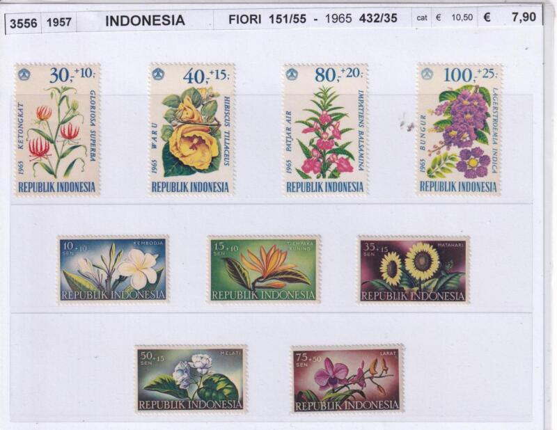 Francobolli Indonesia, Anni 1957 e 1965, Serie Fiori (cat, n. 151.155, n. 432-435)