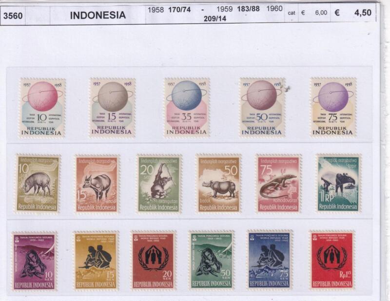 Francobolli Indonesia, Anni 1958, 1959, 1960, Varie emissioni (cat. n. 170-174, n. 183-188, n. 209-214)