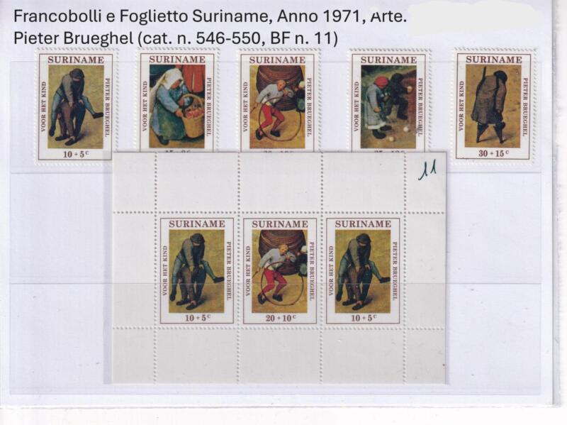 Francobolli e Foglietto Suriname, Anno 1971, Arte. Pieter Brueghel (cat. n. 546-550, BF n. 11)