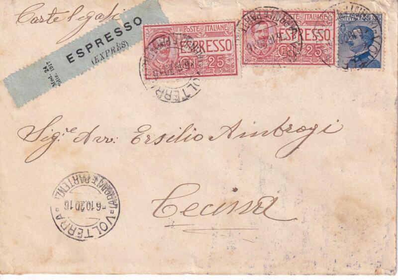 Storia postale, Espresso da Volterra del 06/10/1920 a Cecina 06/10/1920 ESPRESSO