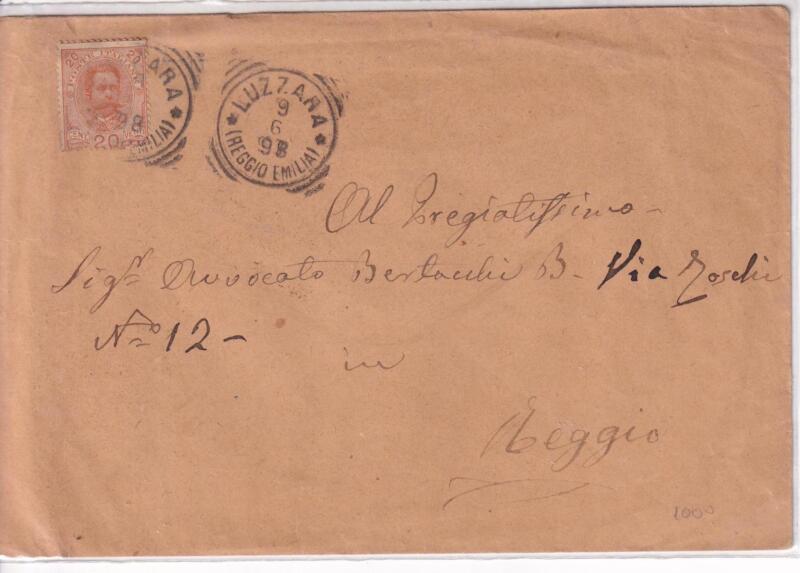 Storia postale. Lettera da  Luzzara 09/06/1898 a Reggio Emilia 09/06/1898